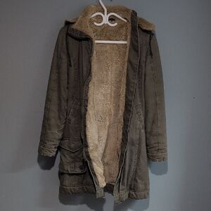 HempHoodLamb Distressed Olive Green Sherpa-Lined Parka Jacket Size Small
